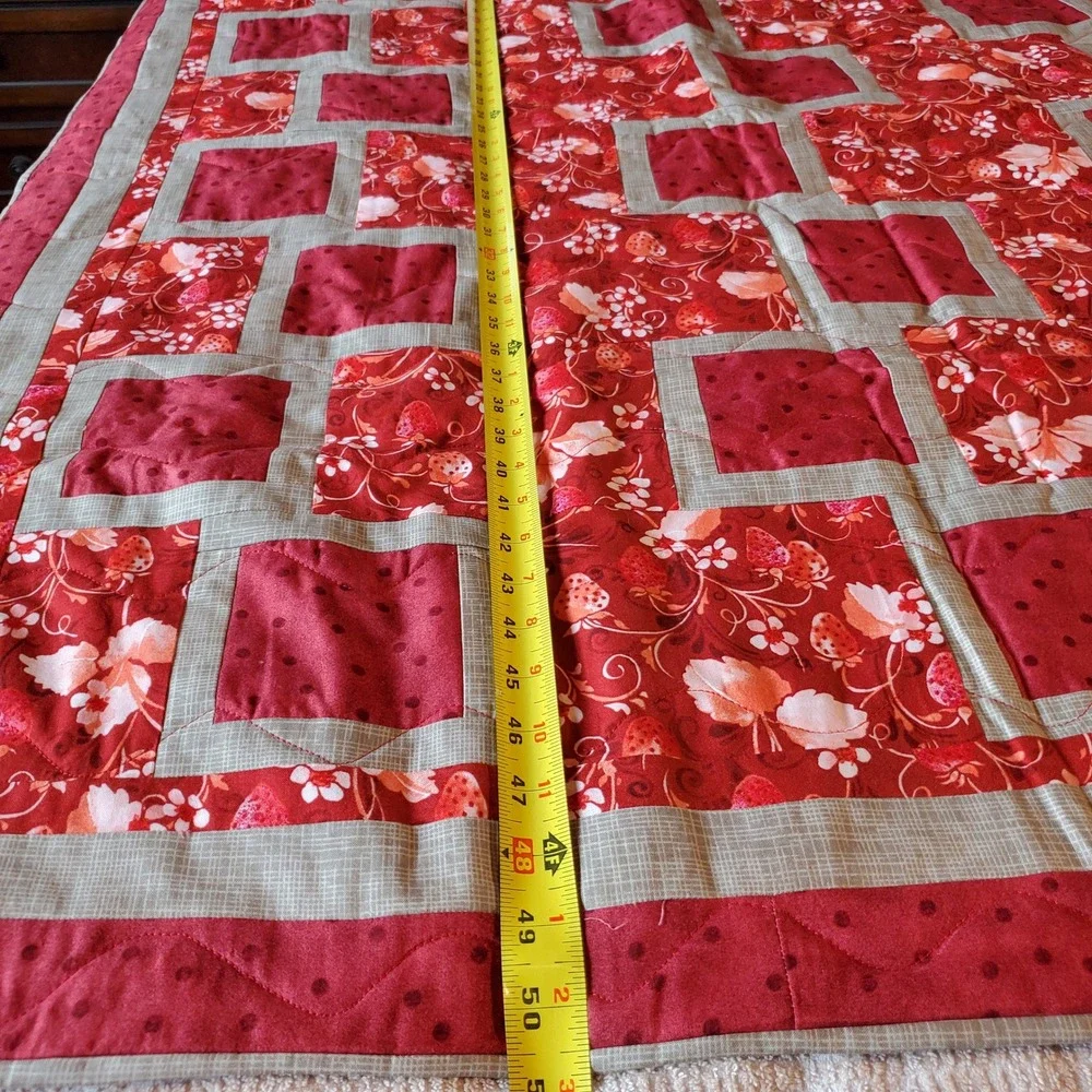 Handmade Strawberry Floral Quilted Throw Blanket Red & Tan lap quilt